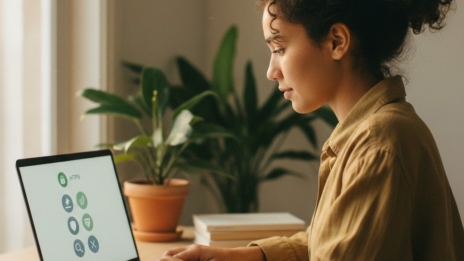 Orang sedang memeriksa keamanan website di laptop, terlihat ikon gembok HTTPS dan daftar cek legalitas serta privasi.