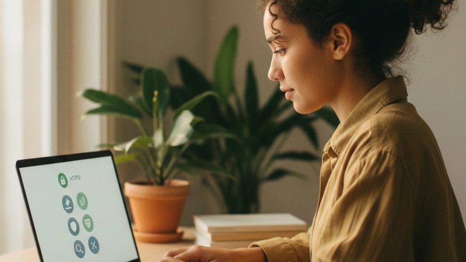 Orang sedang memeriksa keamanan website di laptop, terlihat ikon gembok HTTPS dan daftar cek legalitas serta privasi.