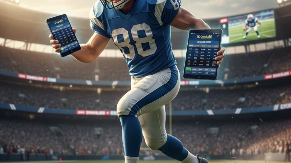 Pemain sepak bola di lapangan sedang menganalisis taruhan Handicap dan Over/Under di Dewiku88 menggunakan smartphone dan tablet